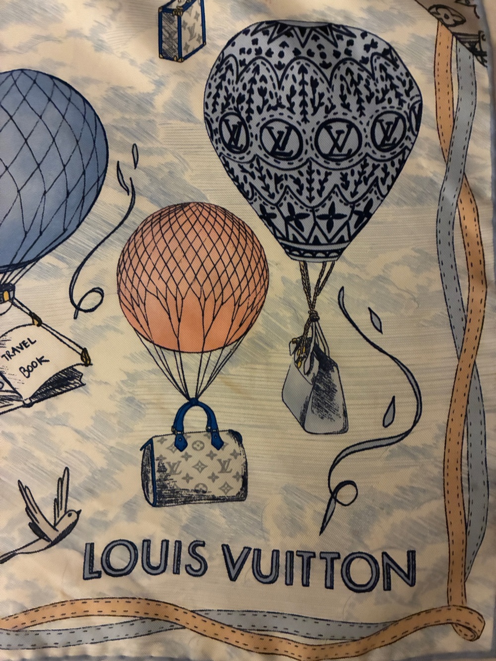 Louis Vuitton Hot Air Balloon Print Silk Scarf in Blue, Peach, Cream